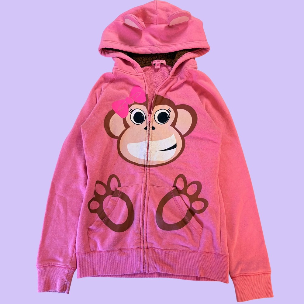 Y2K HeartSoul Pink Monkey Graphic Zip Up Hoodie 3D Ears Faux Fur Hood Scene #18